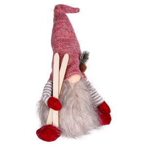 Yılbaşı Süsü Noel Baba Kayak Takımlı Işıklı Kırmızı-Gri 22x16x45 Cm.