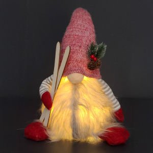 Yılbaşı Süsü Noel Baba Kayak Takımlı Işıklı Kırmızı-Gri 22x16x45 Cm.