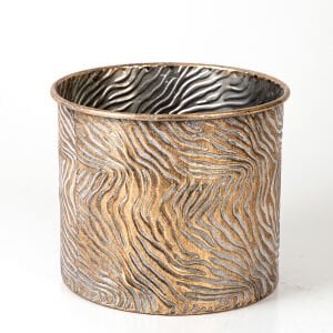 Dalga Desenli Ayaklı Silindir Metal Çiçeklik Saksı Altın Eskitme 21x24,5 Cm.