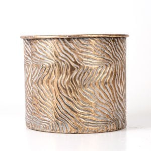 Dalga Desenli Ayaklı Silindir Metal Çiçeklik Saksı Altın Eskitme 21x24,5 Cm.