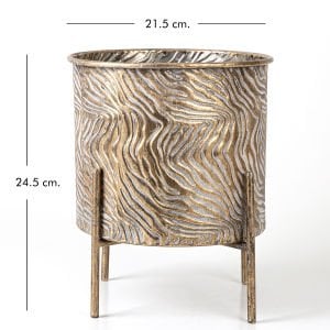 Dalga Desenli Ayaklı Silindir Metal Çiçeklik Saksı Altın Eskitme 21x24,5 Cm.