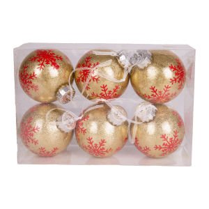 Yılbaşı Ağaç Süsü Yılbaşı Topu Kırmızı Kar taneli 6'lı Paket Gold 8 Cm.