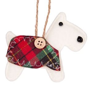 Yılbaşı Süsü, Köpek, Ekose Elbiseli, Beyaz - 10 cm