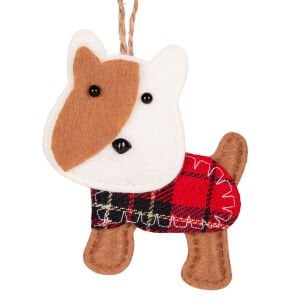 Yılbaşı Süsü, Köpek, Ekose Elbiseli, Kahverengi-Beyaz - 10 cm