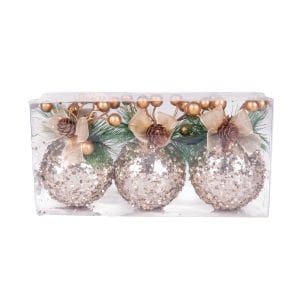 Yılbaşı Ağaç Süsü, Yılbaşı Topu, Şampanya - 3'lü Set, 8 cm