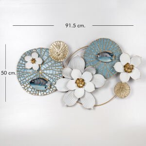 Dekoratif Çiçek Figürlü Metal Duvar Panosu Turkuaz-Beyaz 91x50x7,5 Cm.