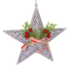 Yılbaşı Süsü Yılbaşı Dekorlu Yıldız Fiyonklu Berryli Gümüş 25x25 Cm.