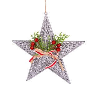 Yılbaşı Süsü Yılbaşı Dekorlu Yıldız Fiyonklu Berryli Gümüş 25x25 Cm.