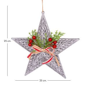 Yılbaşı Süsü Yılbaşı Dekorlu Yıldız Fiyonklu Berryli Gümüş 25x25 Cm.