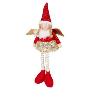 Yılbaşı Süsü, Oturan Kanatlı Peri Figürü, Kırmızı - Gold Etekli, 17x53 cm