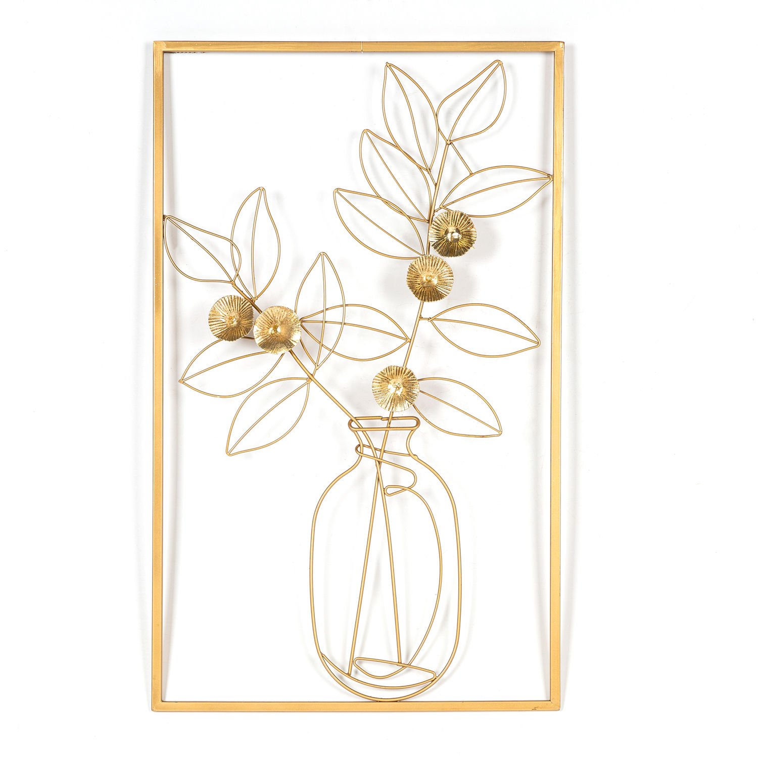 Dekoratif Çiçekli Vazo Figürlü Metal Duvar Panosu Gold 41x65x2 Cm.