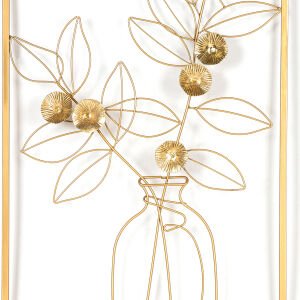 Dekoratif Çiçekli Vazo Figürlü Metal Duvar Panosu Gold 41x65x2 Cm.
