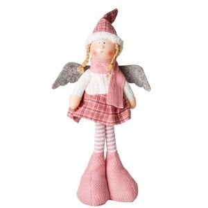 Yılbaşı Süsü, Ayakta Kanatlı Peri Figürü, Beyaz Kazak- Pembe Etekli - 17x44 cm