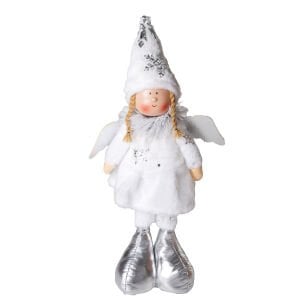 Yılbaşı Süsü, Ayakta Kanatlı Peri Figürü, Beyaz - Gümüş Ayakkabılı, 17x44 cm