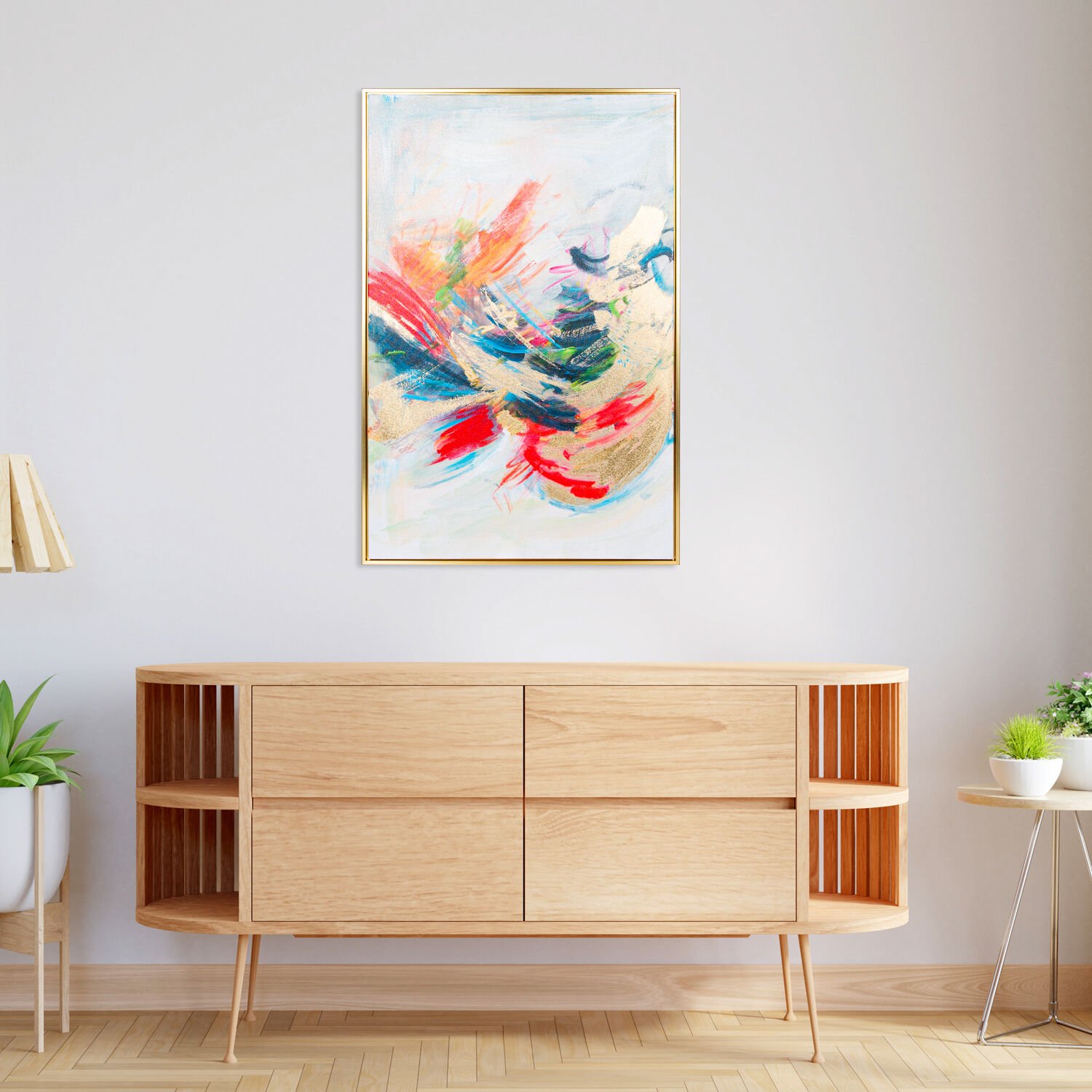 Kanvas Tablo, Soyut, Gold Renk Ahşap Çerçeveli, Gold Kabartmalı, Kırmızı-Gold - 60x3x90 cm