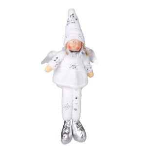 Yılbaşı Süsü, Oturan Kanatlı Peri Figürü, Beyaz - Gümüş Ayakkabılı, 17x53 cm