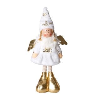 Yılbaşı Süsü, Ayakta Kanatlı Peri Figürü, Beyaz - Gold Ayakkabılı, 17x44 cm