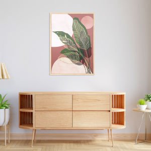 Doğal Ahşap Çerçeveli Gold Kabartmalı Palmiye Yaprağı Kanvas Tablo Bordo-Yeşil 50x2,5x70 Cm.