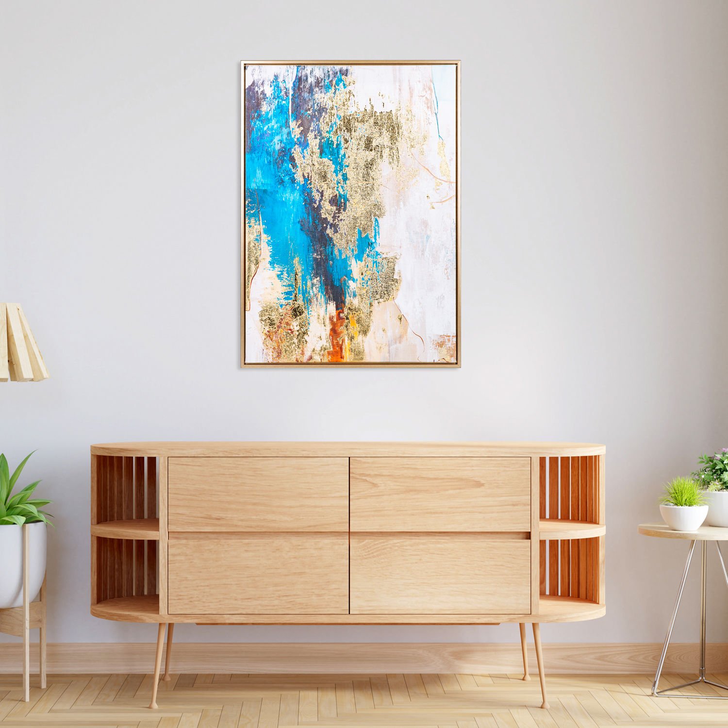 Kanvas Tablo, Soyut, Gold Kabartmalı, Gold Renk Ahşap Çerçeveli, Mavi-Gold - 50x3x70 cm