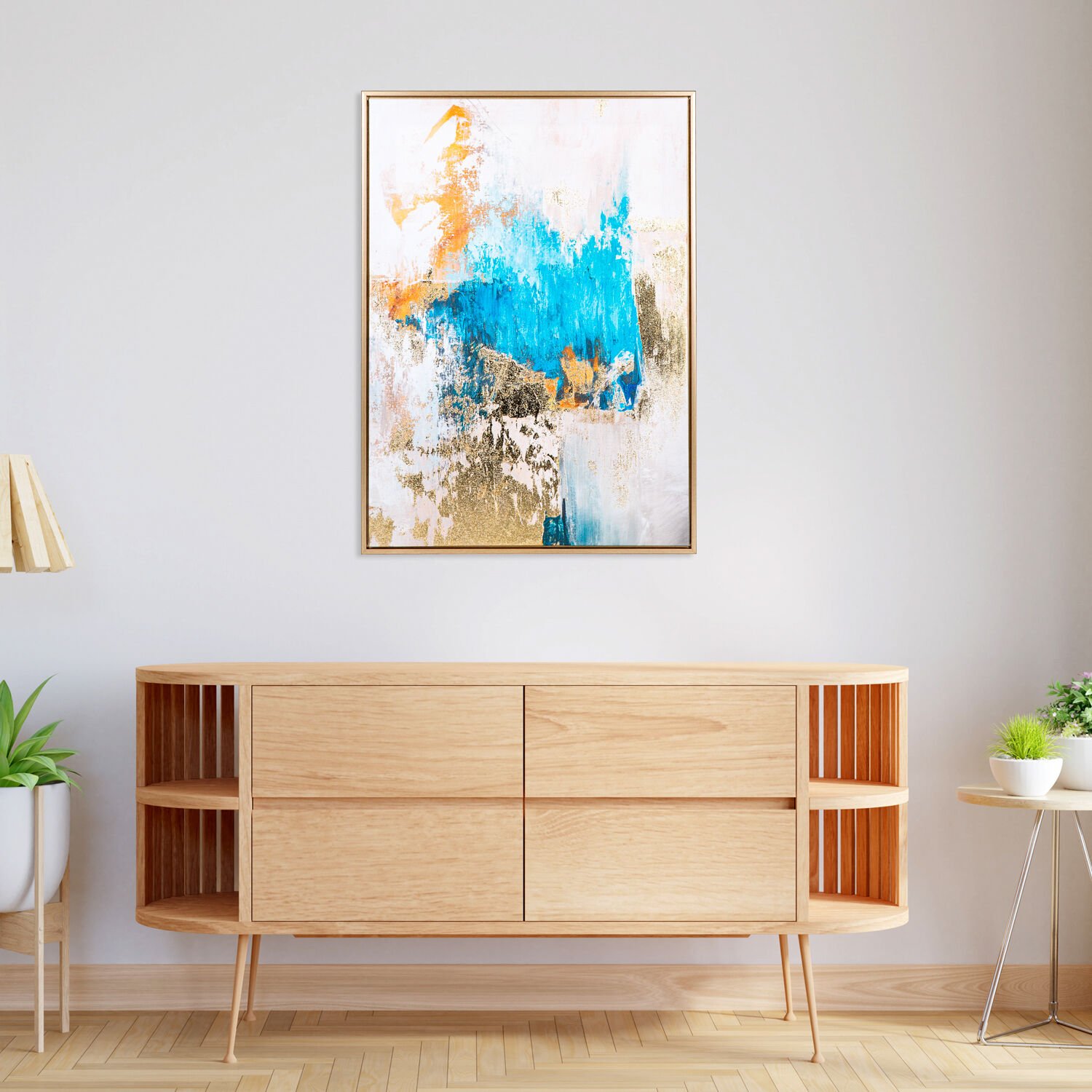 Kanvas Tablo, Soyut, Gold Kabartmalı, Gold Renk Ahşap Çerçeveli, Mavi-Gold - 50x3x70 cm