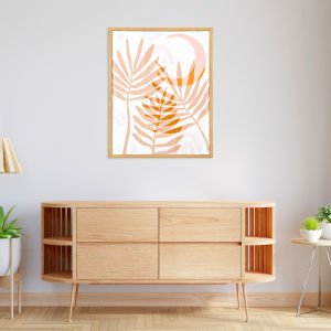 Doğal Ahşap Çerçeveli Areka Palmiyesi Yaprağı MDF Üzeri Baskı Tablo Somon-Beyaz 40x1,8x50 Cm.