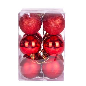 Yılbaşı Topu Simli Mat Parlak 12'li Set Kırmızı 6 Cm.