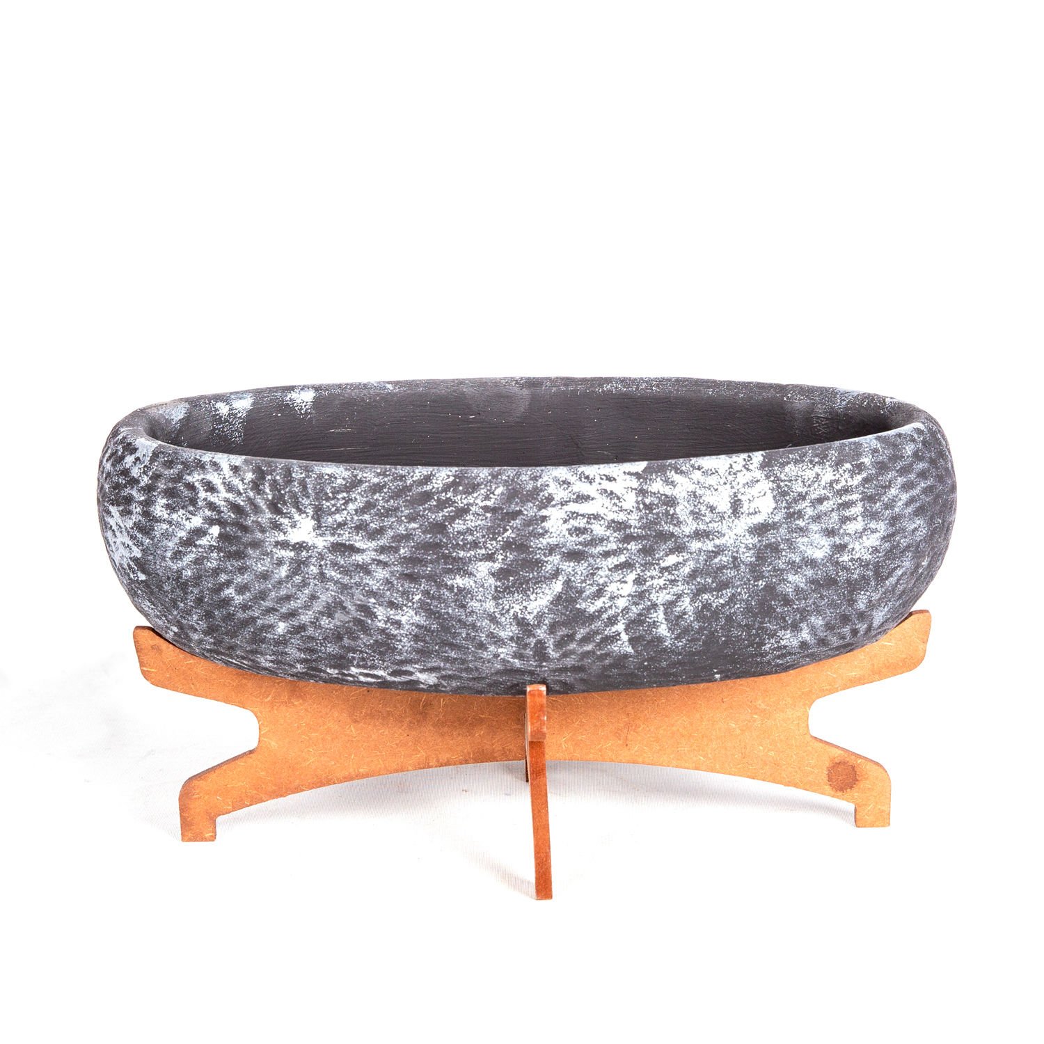 Beton Saksı Ahşap Standlı Çiçek Motifli Oval Lame Ağırtma 33x17x17 Cm.