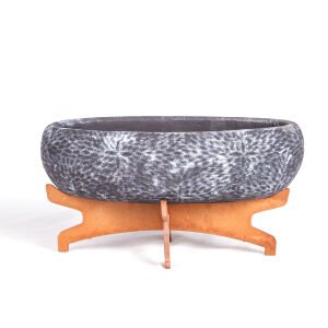 Beton Saksı Ahşap Standlı Çiçek Motifli Oval Lame Ağırtma 33x17x17 Cm.