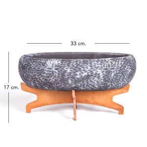 Beton Saksı Ahşap Standlı Çiçek Motifli Oval Lame Ağırtma 33x17x17 Cm.