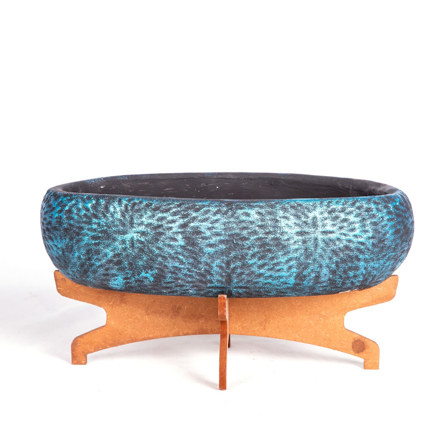 Beton Saksı Ahşap Standlı Çiçek Motifli Oval Sedef Mavi Ağırtma 33x17x17 Cm.