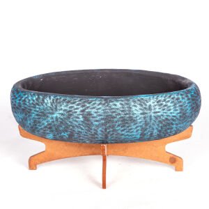 Beton Saksı Ahşap Standlı Çiçek Motifli Oval Sedef Mavi Ağırtma 33x17x17 Cm.
