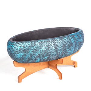 Beton Saksı Ahşap Standlı Çiçek Motifli Oval Sedef Mavi Ağırtma 33x17x17 Cm.