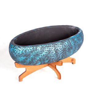 Beton Saksı Ahşap Standlı Çiçek Motifli Oval Sedef Mavi Ağırtma 33x17x17 Cm.