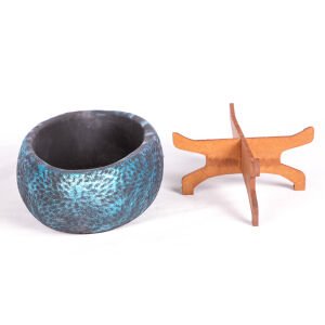 Beton Saksı Ahşap Standlı Çiçek Motifli Oval Sedef Mavi Ağırtma 33x17x17 Cm.