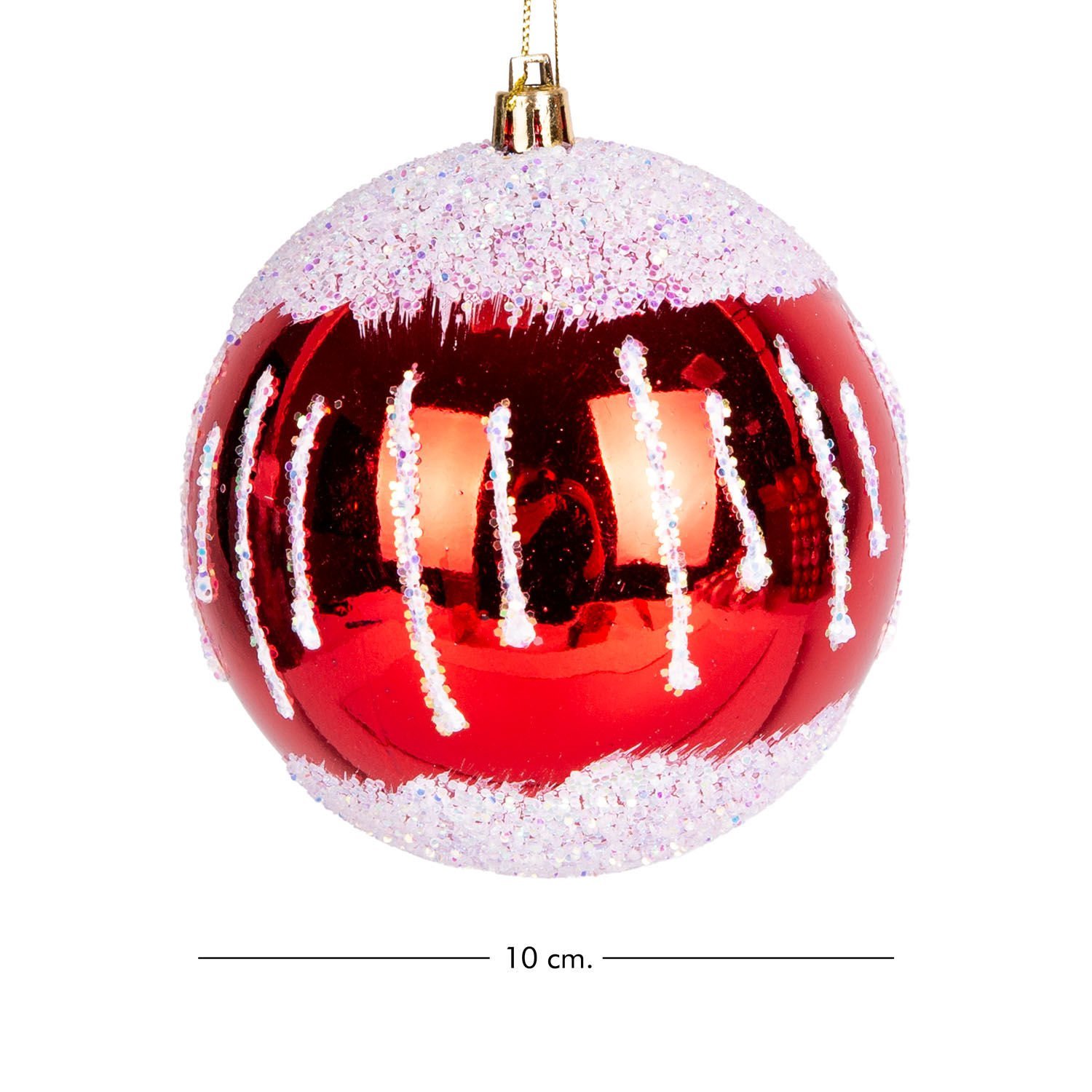 Yılbaşı Topu, Renkli Simli, Kar Efektli, Kırmızı-Beyaz - 2'li Paket, 10 cm