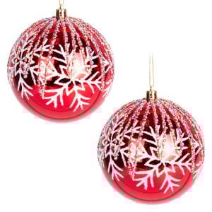 Yılbaşı Topu, Renkli Pullu, Beyaz Kar Taneli, Kırmızı - 2'li Paket, 10 cm