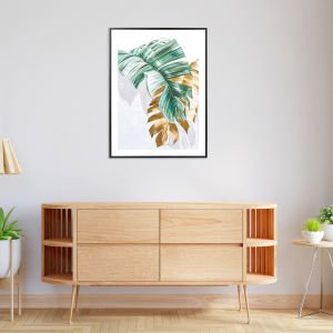 Siyah Ahşap Çerçeveli Palmiye Yaprağı Kanvas Tablo Gold-Yeşil 60x3x80 Cm.