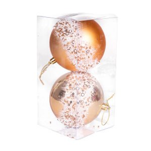 Yılbaşı Topu Beyaz Boncuk ve Gold Halka Desenli 2'li Paket Gold 10 Cm.