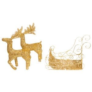 Yılbaşı Dekor, Metal Çift Geyik ve Kızak, Gold - Işıklı, 50x55 cm