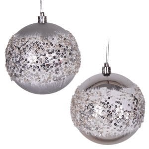 Yılbaşı Topu, Beyaz Boncuk ve Gold Halka Desenli, Gümüş - 2'li Paket, 10 cm
