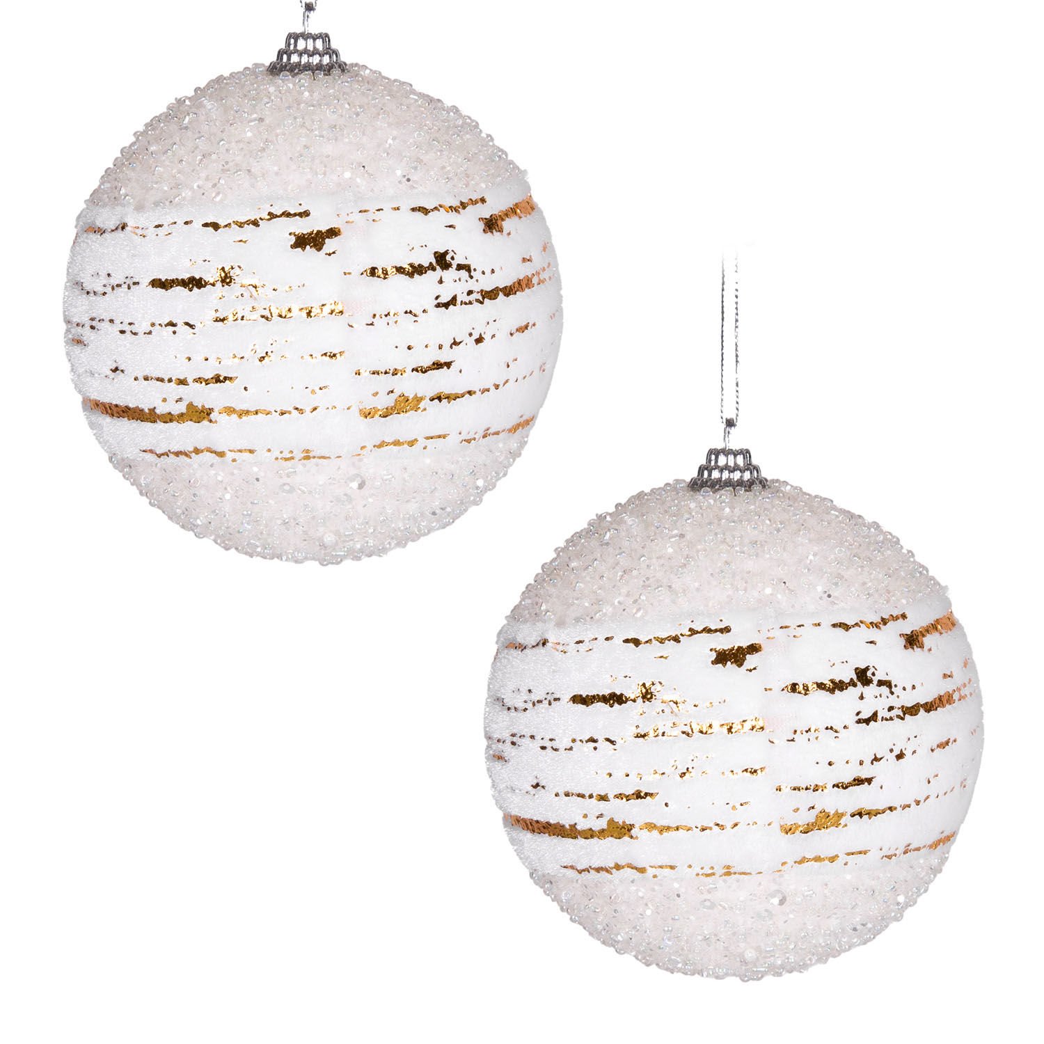 Yılbaşı Topu Kumaş Gold Şeritli 2'li Set Beyaz 10 Cm.