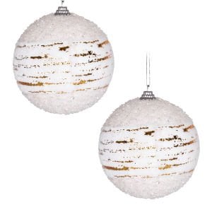 Yılbaşı Topu, Kumaş, Gold Şeritli, Beyaz - 2'li Set, 10 cm