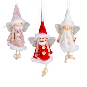 Yılbaşı Süsü, Peri Figürü, Karışık Renkli - Asmalı, Kumaş, Sarkan Ayaklı, Simli Kanatlı, Kutulu, 3'lü Paket, 14 cm