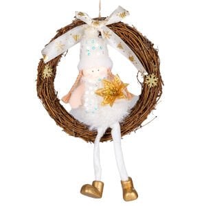 Yılbaşı Süsü, Kapı Çelengi, Gold-Beyaz - Peri Figürlü, 20x30 cm