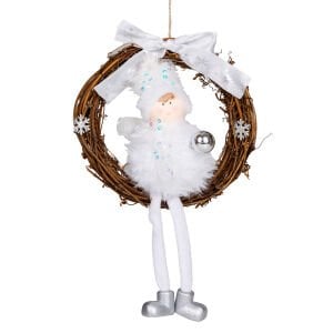 Yılbaşı Süsü, Kapı Çelengi, Beyaz-Kahverengi - Peri Figürlü, Doğal Dal, Sarkan Ayaklı, Kar Taneli, Gümüş Detaylı, 20x30 cm