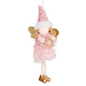 Yılbaşı Süsü, Peri Figürü, Gold-Pembe - Asmalı, Sarkan Ayaklı, Payetli Elbiseli, Payetli Şapkalı, Yıldız Tutan, 9x19 cm