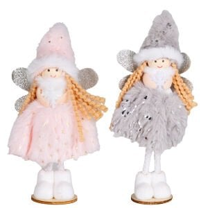 Yılbaşı Süsü, Peri Figürü, Pembe-Gri - Ayakta Duran, Ahşap Tabanlı, Simli Kanatlı, Kar Tanesi Tutan, Gold Puantiyeli ve Gümüş Payetli Elbiseli, Kutuda, 2'li Paket, 16 cm