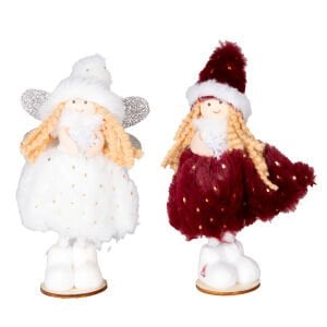 Yılbaşı Süsü, Peri Figürü, Kırmızı-Beyaz - Ayakta Duran, Ahşap Tabanlı, Gold Puantiyeli Elbiseli, Simli Kanatlı, Kutuda, 2'li Paket, 16 cm