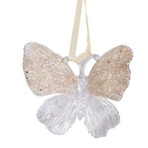 Yılbaşı Süsü, Kelebek, Şeffaf-Şampanya - Asmalı, Akrilik Cam, Simli Kanatlı, 11x10 cm