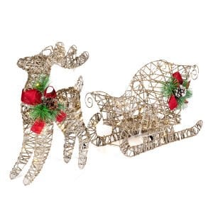 Yılbaşı Süsü, Geyik ve Kızak, Şampanya - Metal, Işıklı, Simli, Kırmızı Fiyonklu, Kozalaklı Çam Detaylı, 45x38 cm